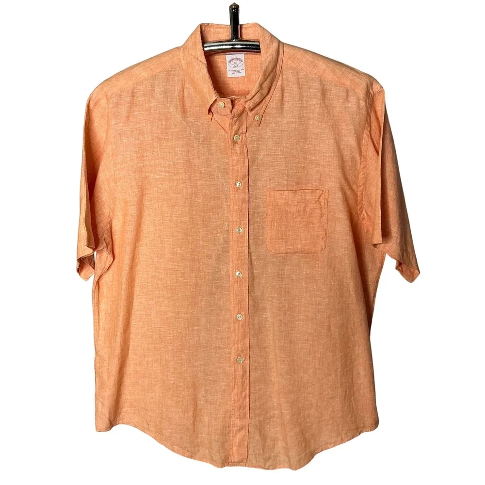 Brooks‎ Brothers 346 Men's XL Linen Button Front Shirt Peach Orange Short Sleeve